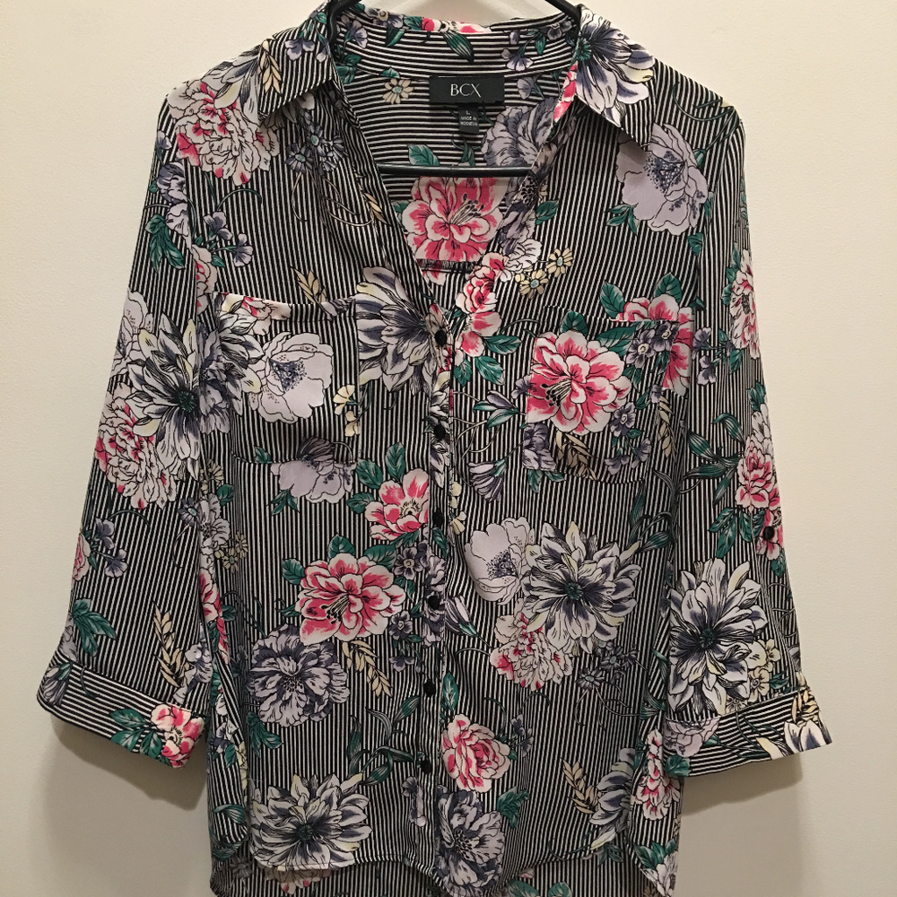 Floral Black Stripe Quarter Length Sleeve Blouse